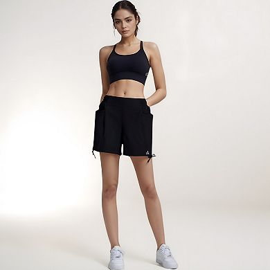 Women's Active Shorts with Elastic Side Waistband Large Pockets and Adjustable Drawstring Hem