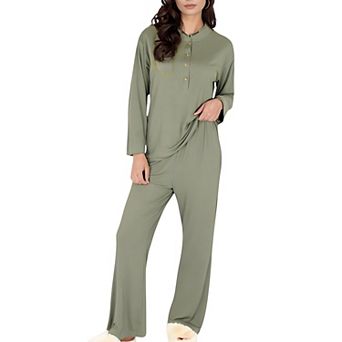 Women's Henley Pajama Set with Button-Front Top Relaxed Fit and Full-Length Stretch Lounge Pants