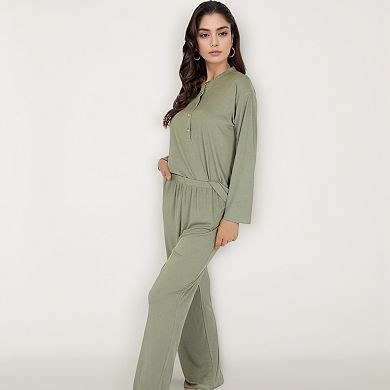 Women's Henley Pajama Set with Button-Front Top Relaxed Fit and Full-Length Stretch Lounge Pants