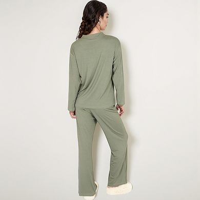 Women's Henley Pajama Set with Button-Front Top Relaxed Fit and Full-Length Stretch Lounge Pants