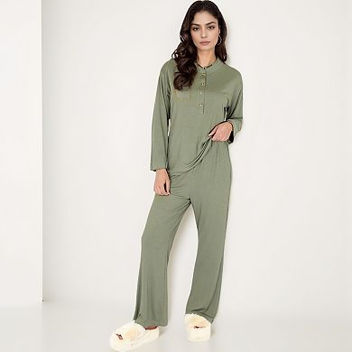 Women's Henley Pajama Set with Button-Front Top Relaxed Fit and Full-Length Stretch Lounge Pants