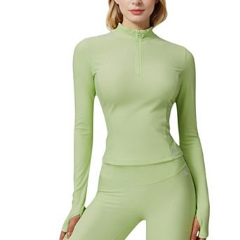Women's Long Sleeve Fitted Ribbed Knit Top with Zip Collar and Thumbhole Cuffs