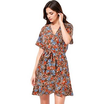 Women's Floral Print V-Neck Dress with Waist Tie and Flared Hem
