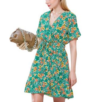 Women's Floral Print V-Neck Dress with Waist Tie and Flared Hem