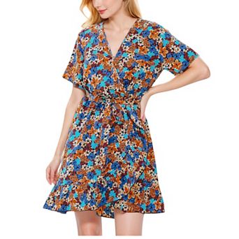 Women's Floral Print V-Neck Dress with Waist Tie and Flared Hem