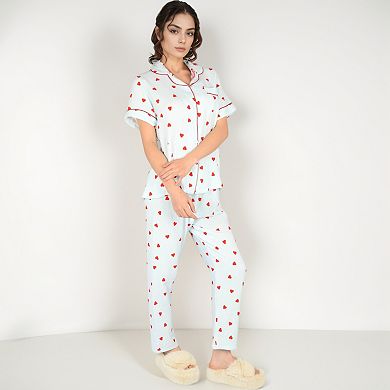 Women's Red Heart Print Pajama Set with Button-Up Top and Relaxed Fit Elastic Waist Pants