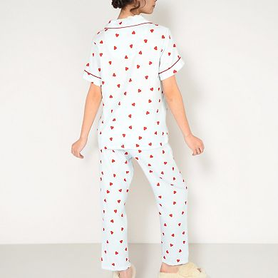 Women's Red Heart Print Pajama Set with Button-Up Top and Relaxed Fit Elastic Waist Pants