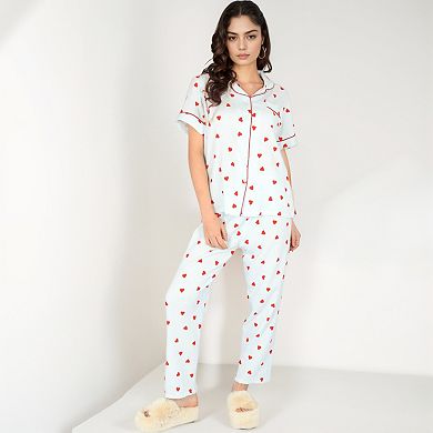 Women's Red Heart Print Pajama Set with Button-Up Top and Relaxed Fit Elastic Waist Pants
