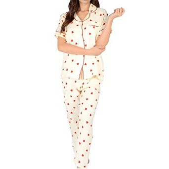 Women's Red Heart Print Pajama Set with Button-Up Top and Relaxed Fit Elastic Waist Pants