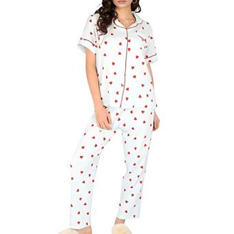 Women's Red Heart Print Pajama Set with Button-Up Top and Relaxed Fit Elastic Waist Pants