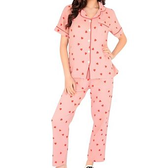 Women's Red Heart Print Pajama Set with Button-Up Top and Relaxed Fit Elastic Waist Pants