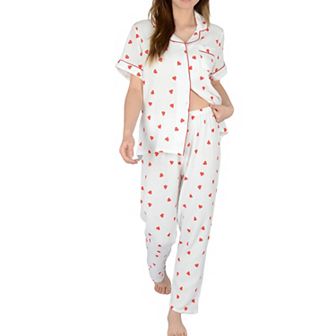 Women's Red Heart Print Pajama Set with Button-Up Top and Relaxed Fit Elastic Waist Pants
