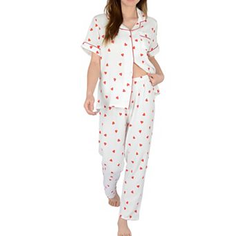 Women's Red Heart Print Pajama Set with Button-Up Top and Relaxed Fit Elastic Waist Pants