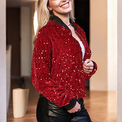 Women's Sparkly Sequin Jacket Glitter Long Sleeves Zip Up Bomber Velvet Jacket