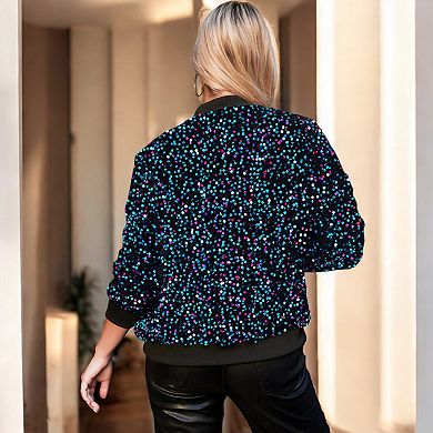 Women's Sparkly Sequin Jacket Glitter Long Sleeves Zip Up Bomber Velvet Jacket