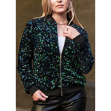 Women's Sparkly Sequin Jacket Glitter Long Sleeves Zip Up Bomber Velvet Jacket