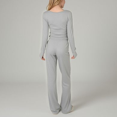 Women's Lace Trim Long Sleeve Lounge Top and Jogger Pants Pajama Set with Drawstring Waist