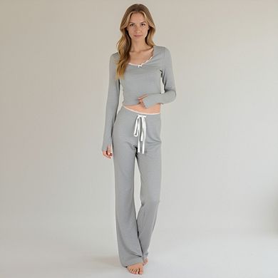 Women's Lace Trim Long Sleeve Lounge Top and Jogger Pants Pajama Set with Drawstring Waist