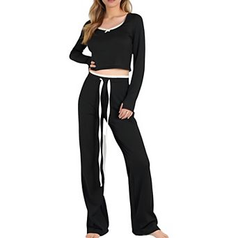 Women's Lace Trim Long Sleeve Lounge Top and Jogger Pants Pajama Set with Drawstring Waist