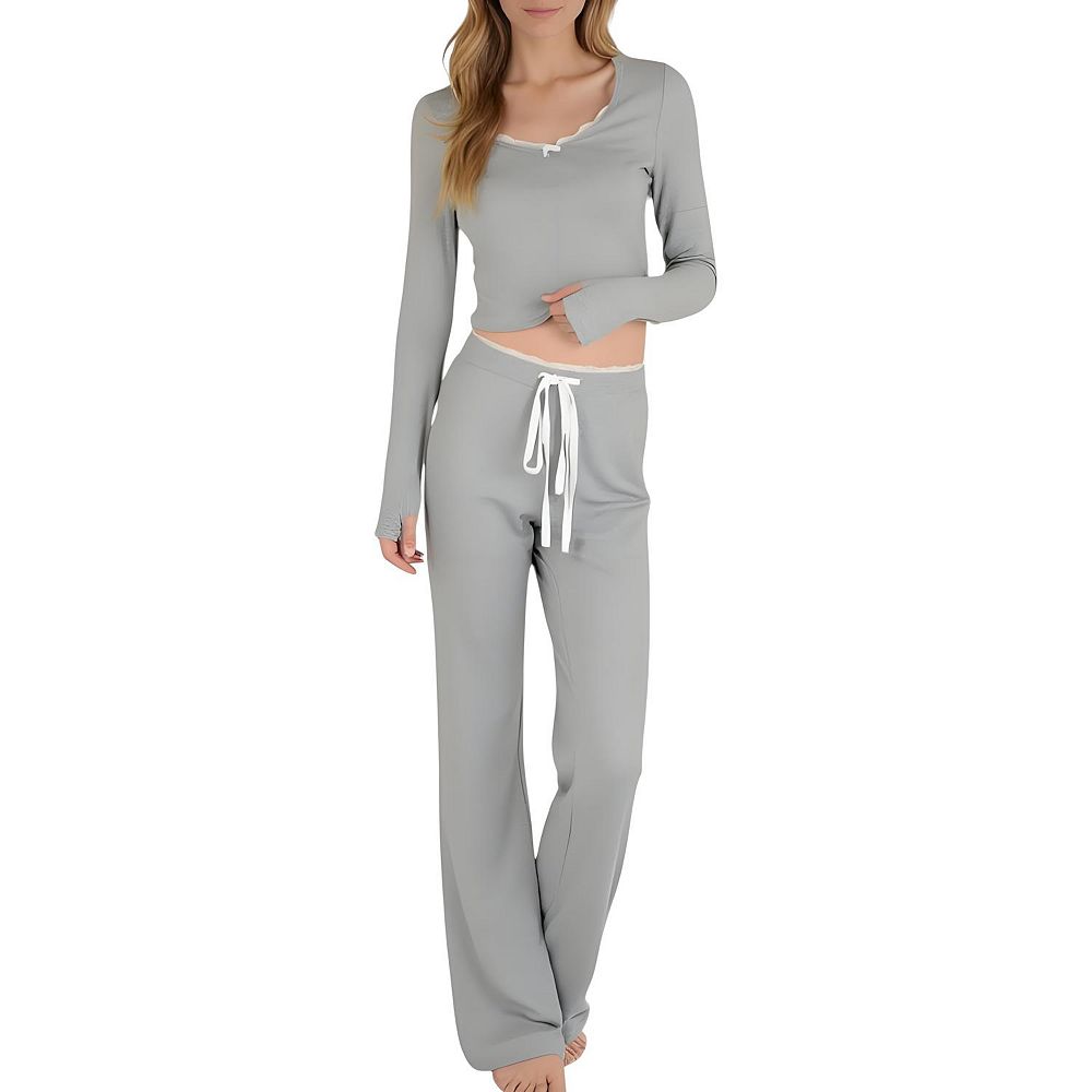Anna-Kaci Lounge Women's Lace Trim Long Sleeve Lounge Top and Jogger Pants Pajama Set with Drawstring Waist