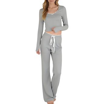 Women's Lace Trim Long Sleeve Lounge Top and Jogger Pants Pajama Set with Drawstring Waist
