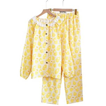 Women's Lemon Print Pajama Set with Ruffle Trim Button Top and Relaxed Fit Elastic Waist Pants