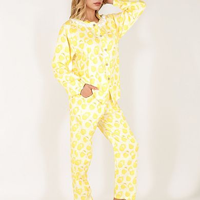 Women's Lemon Print Pajama Set with Ruffle Trim Button Top and Relaxed Fit Elastic Waist Pants