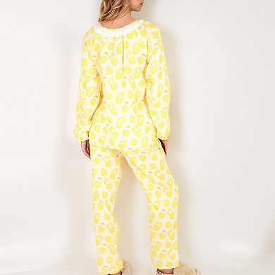 Women's Lemon Print Pajama Set with Ruffle Trim Button Top and Relaxed Fit Elastic Waist Pants