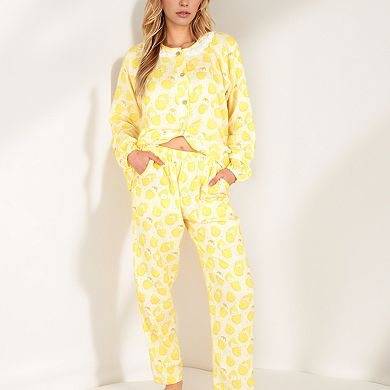Women's Lemon Print Pajama Set with Ruffle Trim Button Top and Relaxed Fit Elastic Waist Pants