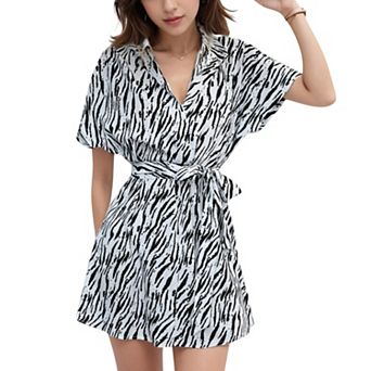 Women's Zebra Print Romper with Collared V-Neck and Waist Tie