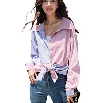 Women's Color Block Contrast Striped Button Down Collard Shirt