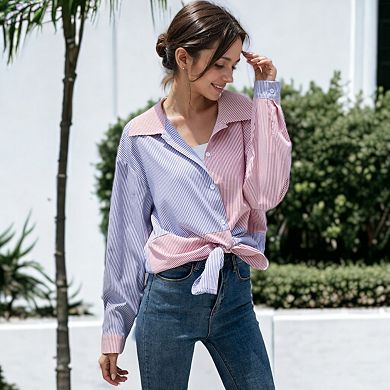 Women's Color Block Contrast Striped Button Down Collard Shirt