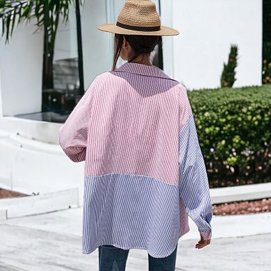 Women's Color Block Contrast Striped Button Down Collard Shirt