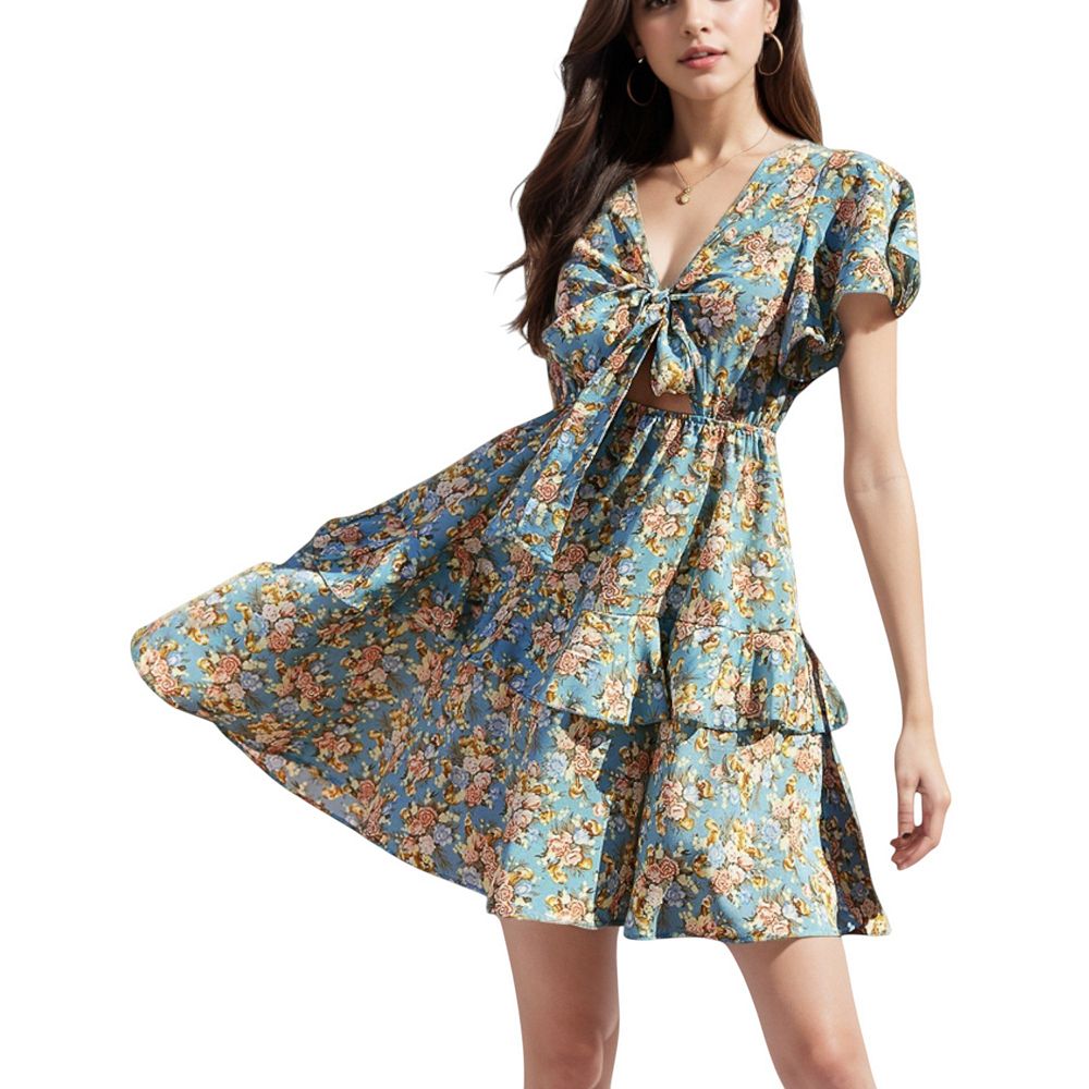 ELASTIC SLEEVE TIE FRONT DRESS WILD FLOWER main image 1