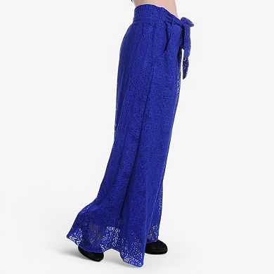 Women's High Waist Lace Wide Leg Pants with Tie Waist and Lined Shorts