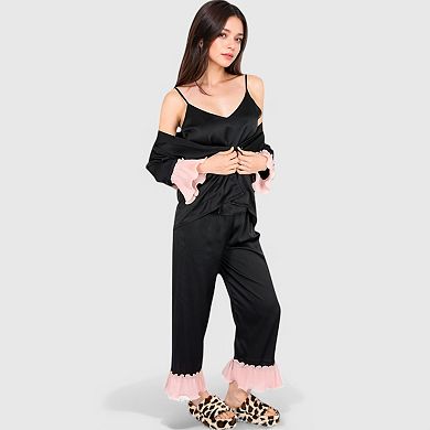 Women's Satin Pajama Set with Ruffled Cuffs and Button-Up Top