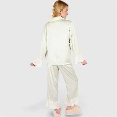 Women's Satin Pajama Set with Ruffled Cuffs and Button-Up Top