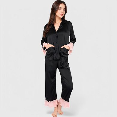 Women's Satin Pajama Set with Ruffled Cuffs and Button-Up Top