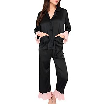 Women's Satin Pajama Set with Ruffled Cuffs and Button-Up Top