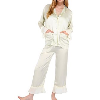 Women's Satin Pajama Set with Ruffled Cuffs and Button-Up Top
