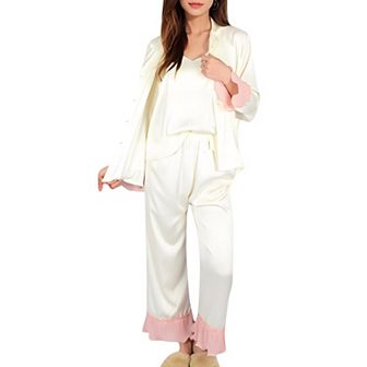 Women's Satin Pajama Set with Ruffled Cuffs and Button-Up Top