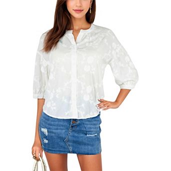 Women's 3/4 Sleeve Button Down Shirt With Floral Embroidered Details, V-Neck, Lightweight