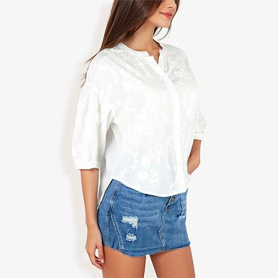 Women's 3/4 Sleeve Button Down Shirt With Floral Embroidered Details, V-Neck, Lightweight