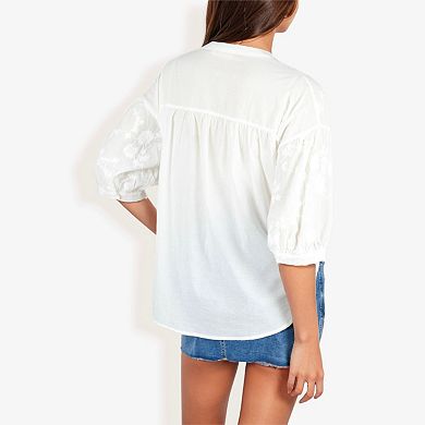 Women's 3/4 Sleeve Button Down Shirt With Floral Embroidered Details, V-Neck, Lightweight