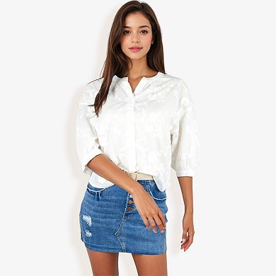 Women's 3/4 Sleeve Button Down Shirt With Floral Embroidered Details, V-Neck, Lightweight