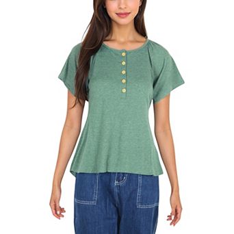 Women's Button Down Detail Round Neck Raglan Short Gathered Sleeve Flared Top