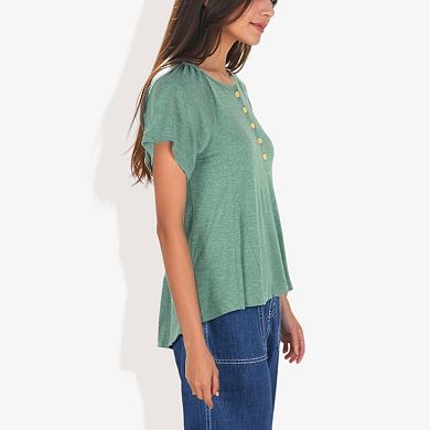 Women's Button Down Detail Round Neck Raglan Short Gathered Sleeve Flared Top