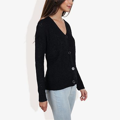 Women's Button-Up Cardigan V-Neck Long Sleeve with Ribbed Hem