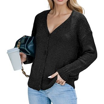 Women's Button-Up Cardigan V-Neck Long Sleeve with Ribbed Hem