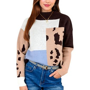 Women's Color Block Knit Sweater with Animal Print and Long Sleeves